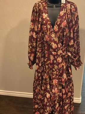 LC Lauren Conrad Burgundy Floral Wrap Dress with Tie Waist